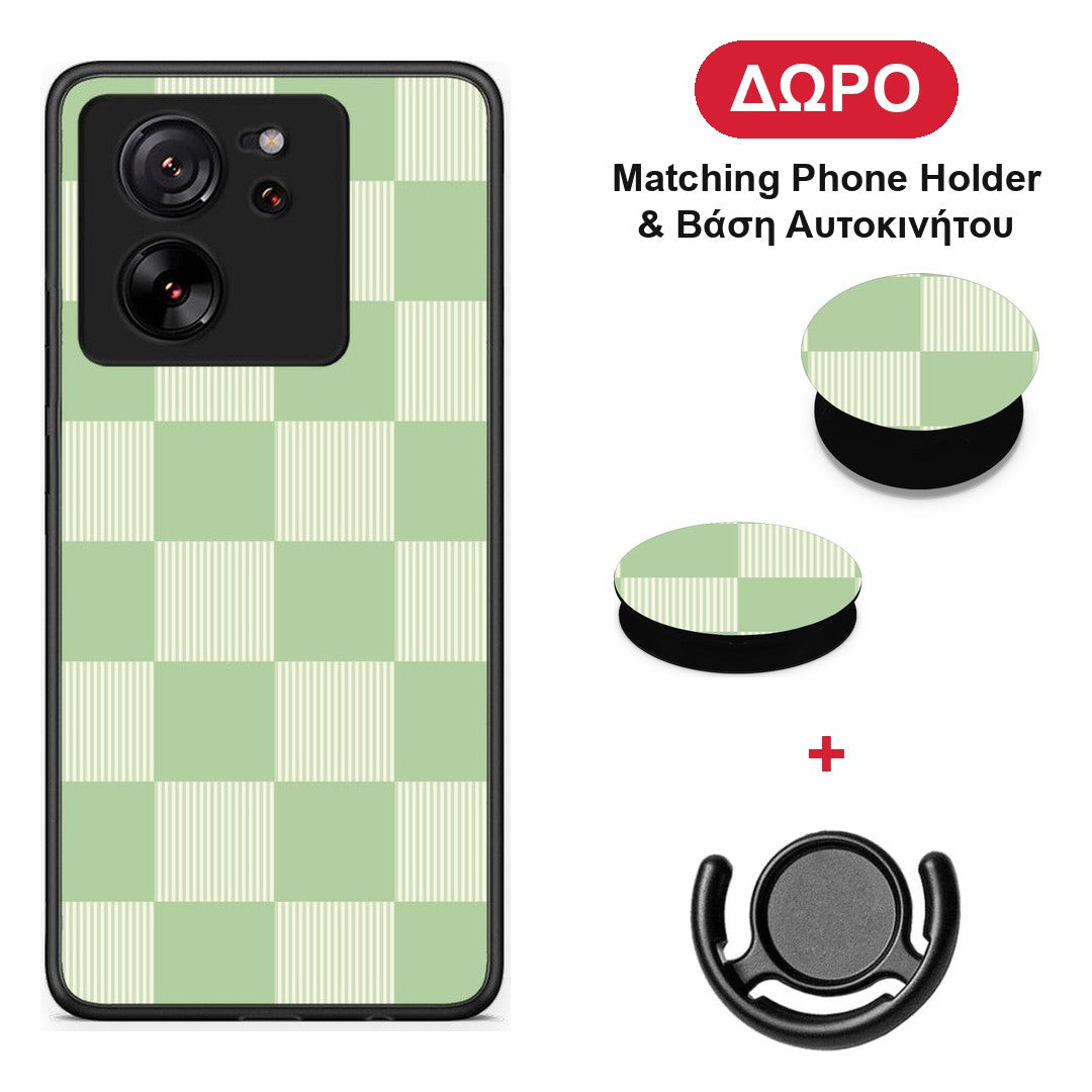 Sage and Cream Striped Checks - Xiaomi 13T θήκη + Δώρο Phone Holder & Βάση Αυτοκινήτου