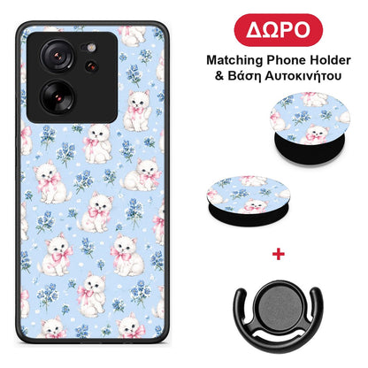 White Kittens and Blue Flowers Small - Xiaomi 13T θήκη + Δώρο Phone Holder & Βάση Αυτοκινήτου