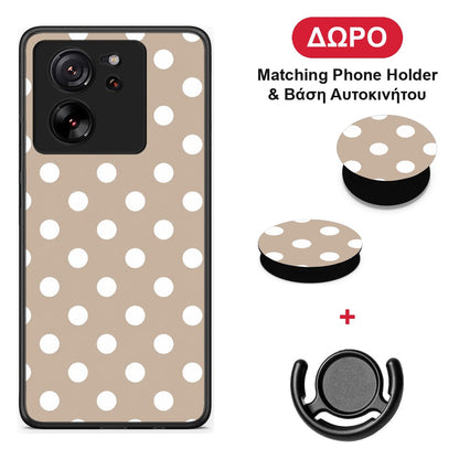 White Polka Dots on Taupe - Xiaomi 13T θήκη + Δώρο Phone Holder & Βάση Αυτοκινήτου