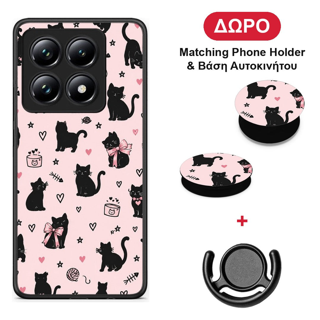 Black Cat Doodles on Pink - Xiaomi 14T Pro θήκη + Δώρο Phone Holder & Βάση Αυτοκινήτου