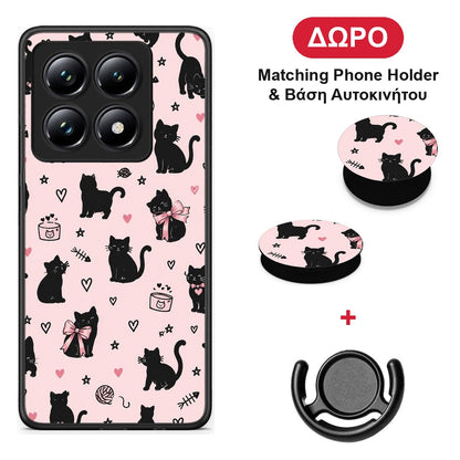Black Cat Doodles on Pink - Xiaomi 14T Pro θήκη + Δώρο Phone Holder & Βάση Αυτοκινήτου