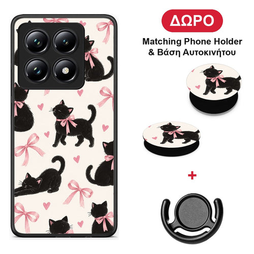 Black Kittens and Pink Bows on Cream Large - Xiaomi 14T Pro θήκη + Δώρο Phone Holder & Βάση Αυτοκινήτου