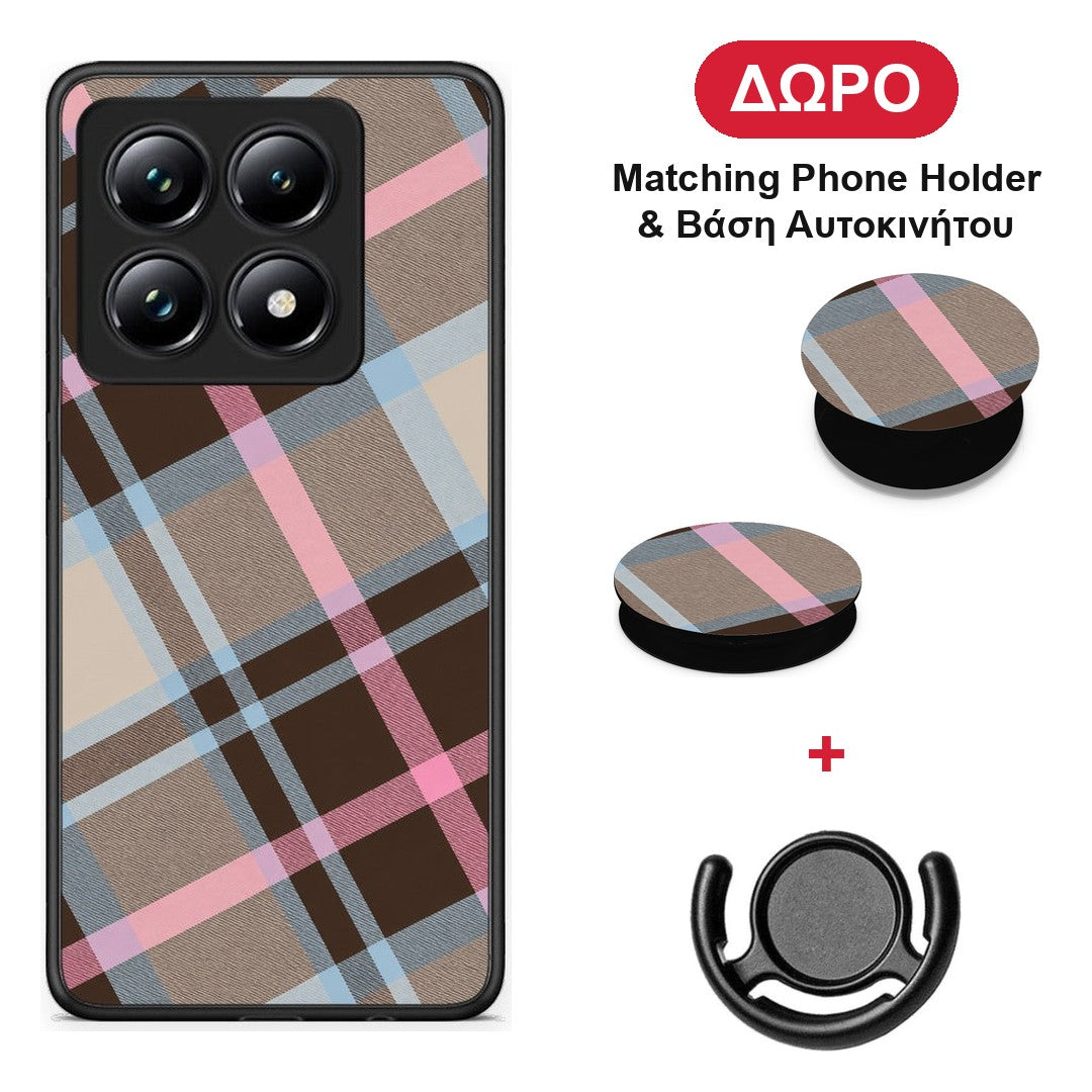 Brown Pink and Blue Diagonal Plaid - Xiaomi 14T Pro θήκη + Δώρο Phone Holder & Βάση Αυτοκινήτου