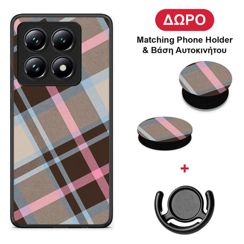 Brown Pink and Blue Diagonal Plaid - Xiaomi 14T Pro θήκη + Δώρο Phone Holder & Βάση Αυτοκινήτου