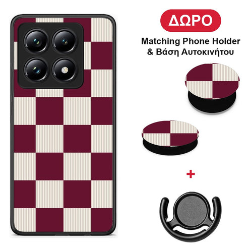 Burgundy and Cream Striped Checks - Xiaomi 14T Pro θήκη + Δώρο Phone Holder & Βάση Αυτοκινήτου