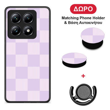 Lilac and Cream Striped Checks - Xiaomi 14T Pro θήκη + Δώρο Phone Holder & Βάση Αυτοκινήτου