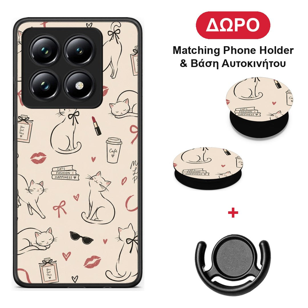Minimal Cat and Fashion Doodles on Cream - Xiaomi 14T Pro θήκη + Δώρο Phone Holder & Βάση Αυτοκινήτου