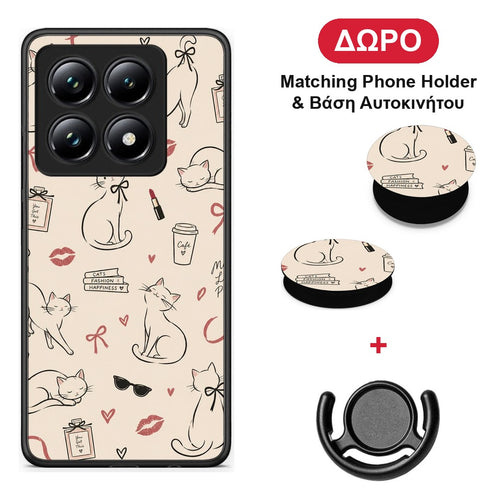 Minimal Cat and Fashion Doodles on Cream - Xiaomi 14T Pro θήκη + Δώρο Phone Holder & Βάση Αυτοκινήτου