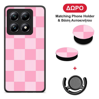 Pink and White Striped Checks - Xiaomi 14T Pro θήκη + Δώρο Phone Holder & Βάση Αυτοκινήτου