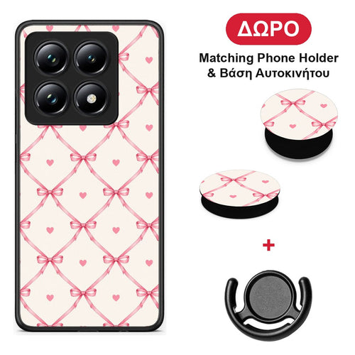 Pink Bow Lattice and Hearts on Cream - Xiaomi 14T Pro θήκη + Δώρο Phone Holder & Βάση Αυτοκινήτου