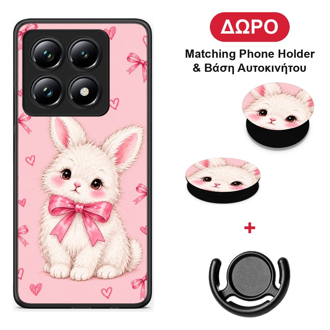 White Bunny and Pink Bows - Xiaomi 14T Pro θήκη + Δώρο Phone Holder & Βάση Αυτοκινήτου