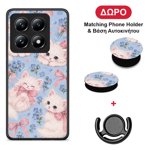 White Kittens and Blue Flowers Large - Xiaomi 14T Pro θήκη + Δώρο Phone Holder & Βάση Αυτοκινήτου