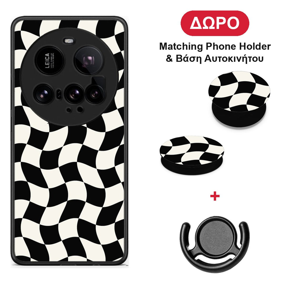 Black and Cream Wavy Checkerboard - Xiaomi 15 Ultra 5G θήκη + Δώρο Phone Holder & Βάση Αυτοκινήτου