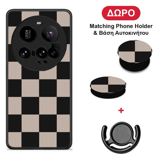 Black and Taupe Striped Checks - Xiaomi 15 Ultra 5G θήκη + Δώρο Phone Holder & Βάση Αυτοκινήτου