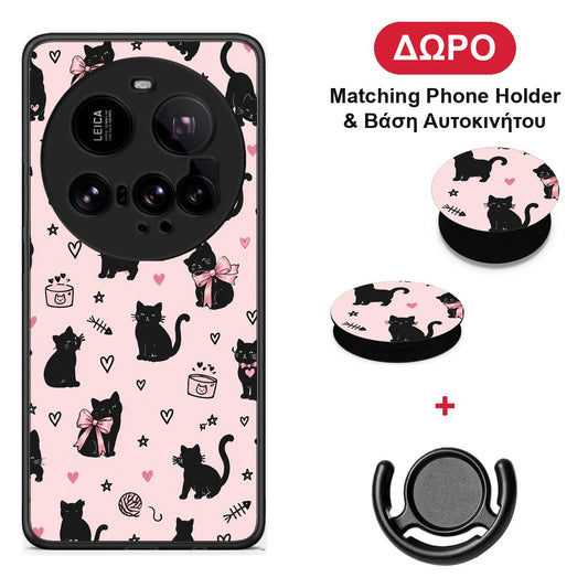 Black Cat Doodles on Pink - Xiaomi 15 Ultra 5G θήκη + Δώρο Phone Holder & Βάση Αυτοκινήτου