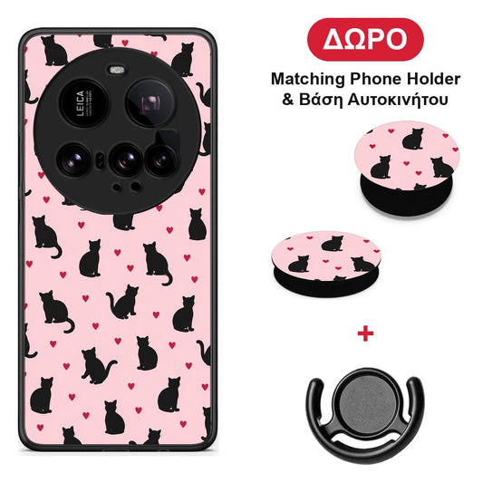 Black Cat Silhouettes and Hearts on Pink - Xiaomi 15 Ultra 5G θήκη + Δώρο Phone Holder & Βάση Αυτοκινήτου