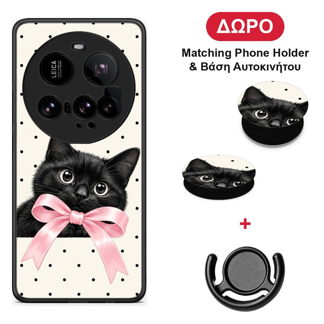 Black Kitten Pink Bow and Polka Dots - Xiaomi 15 Ultra 5G θήκη + Δώρο Phone Holder & Βάση Αυτοκινήτου