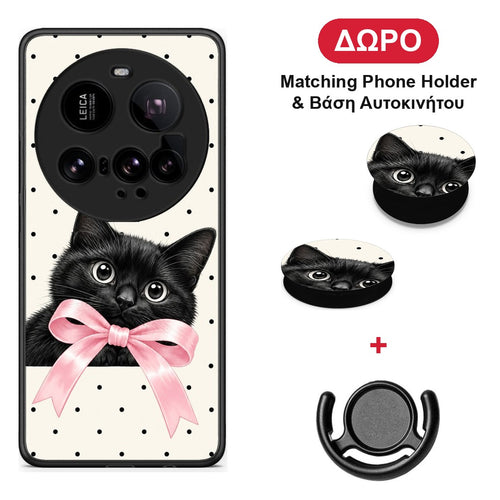 Black Kitten Pink Bow and Polka Dots - Xiaomi 15 Ultra 5G θήκη + Δώρο Phone Holder & Βάση Αυτοκινήτου