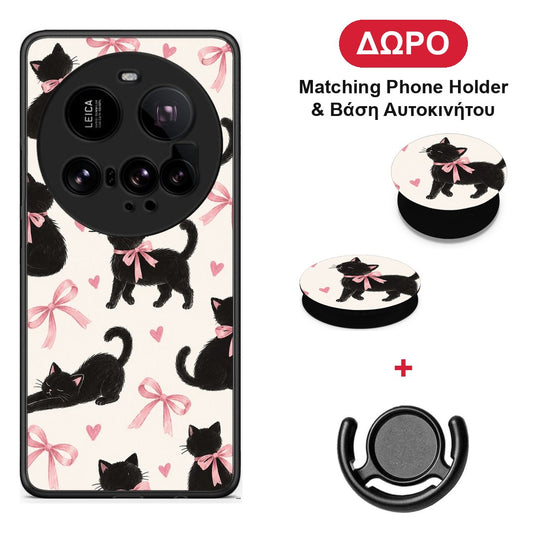 Black Kittens and Pink Bows on Cream Large - Xiaomi 15 Ultra 5G θήκη + Δώρο Phone Holder & Βάση Αυτοκινήτου