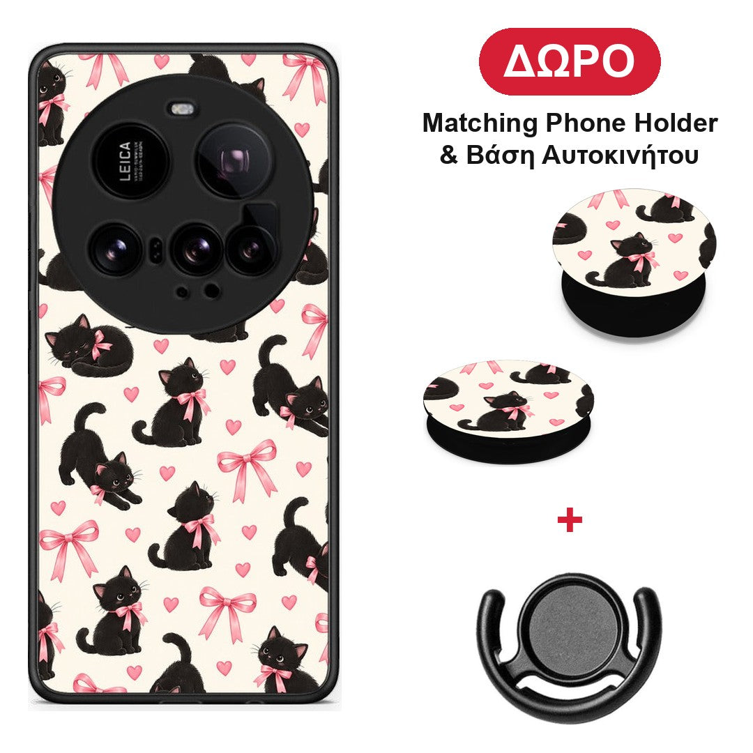 Black Kittens and Pink Bows on Cream Small - Xiaomi 15 Ultra 5G θήκη + Δώρο Phone Holder & Βάση Αυτοκινήτου