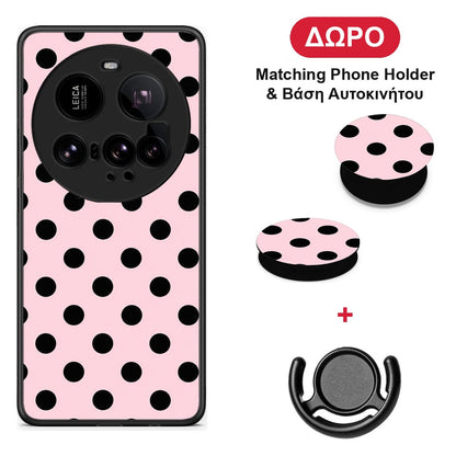 Black Polka Dots on Pink - Xiaomi 15 Ultra 5G θήκη + Δώρο Phone Holder & Βάση Αυτοκινήτου