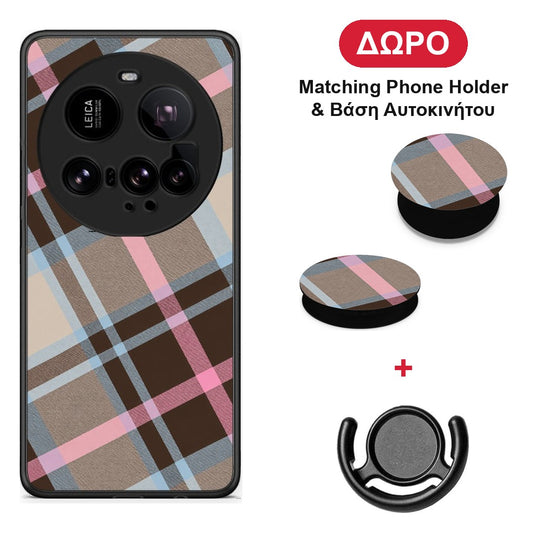 Brown Pink and Blue Diagonal Plaid - Xiaomi 15 Ultra 5G θήκη + Δώρο Phone Holder & Βάση Αυτοκινήτου