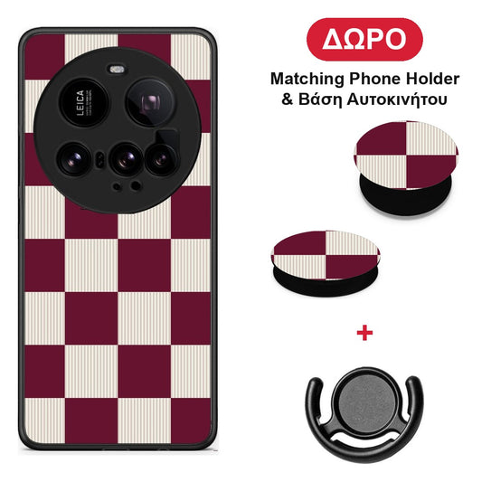 Burgundy and Cream Striped Checks - Xiaomi 15 Ultra 5G θήκη + Δώρο Phone Holder & Βάση Αυτοκινήτου