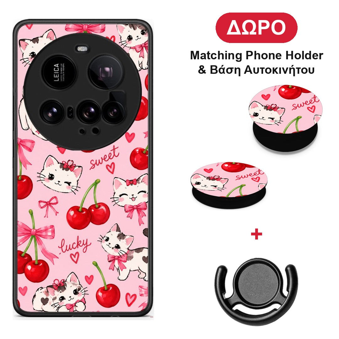 Cherries Bows and Kittens on Pink - Xiaomi 15 Ultra 5G θήκη + Δώρο Phone Holder & Βάση Αυτοκινήτου