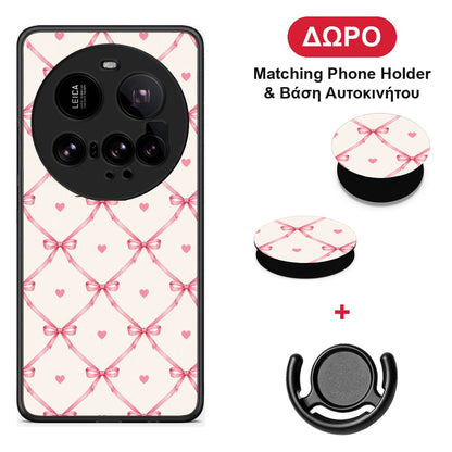 Pink Bow Lattice and Hearts on Cream - Xiaomi 15 Ultra 5G θήκη + Δώρο Phone Holder & Βάση Αυτοκινήτου