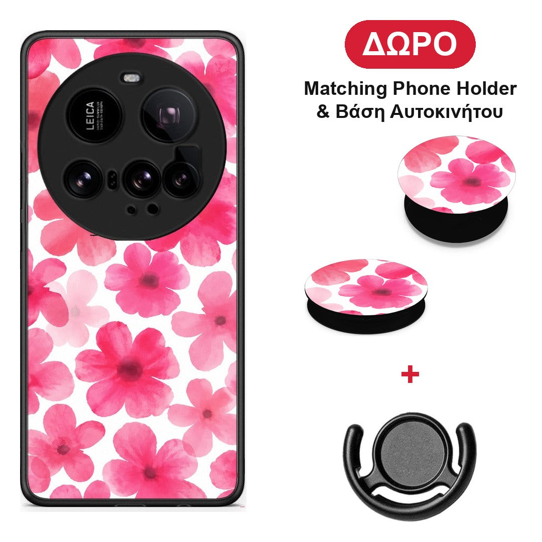 Pink Watercolour Flowers on White - Xiaomi 15 Ultra 5G θήκη + Δώρο Phone Holder & Βάση Αυτοκινήτου