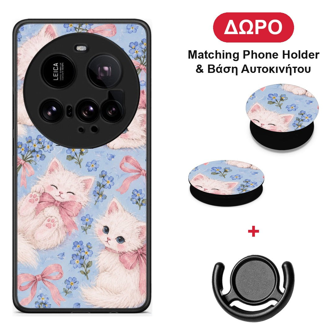 White Kittens and Blue Flowers Large - Xiaomi 15 Ultra 5G θήκη + Δώρο Phone Holder & Βάση Αυτοκινήτου