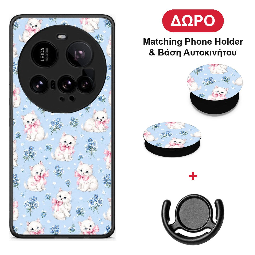 White Kittens and Blue Flowers Small - Xiaomi 15 Ultra 5G θήκη + Δώρο Phone Holder & Βάση Αυτοκινήτου