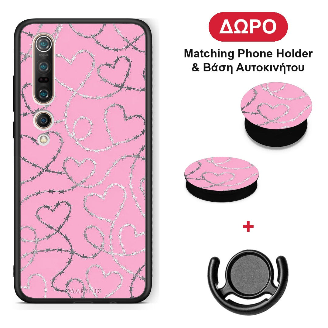 Barbed Wire Hearts on Pink - Xiaomi Mi 10 θήκη + Δώρο Phone Holder & Βάση Αυτοκινήτου