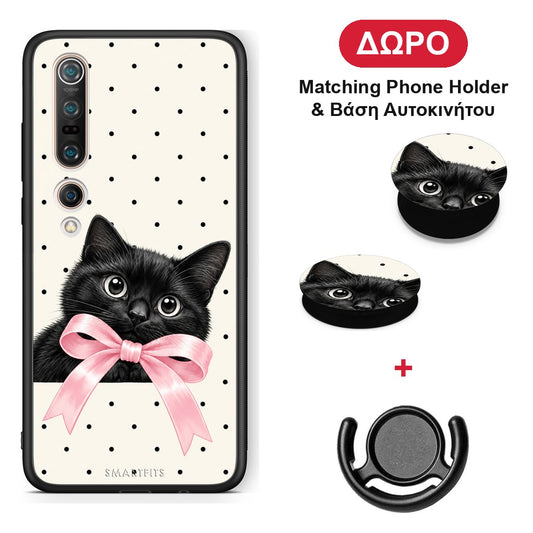 Black Kitten Pink Bow and Polka Dots - Xiaomi Mi 10 θήκη + Δώρο Phone Holder & Βάση Αυτοκινήτου