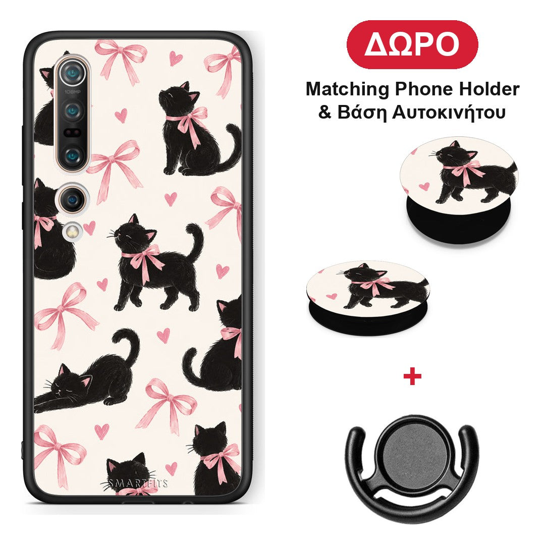 Black Kittens and Pink Bows on Cream Large - Xiaomi Mi 10 θήκη + Δώρο Phone Holder & Βάση Αυτοκινήτου