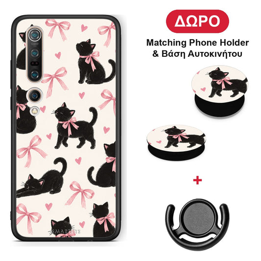 Black Kittens and Pink Bows on Cream Large - Xiaomi Mi 10 θήκη + Δώρο Phone Holder & Βάση Αυτοκινήτου