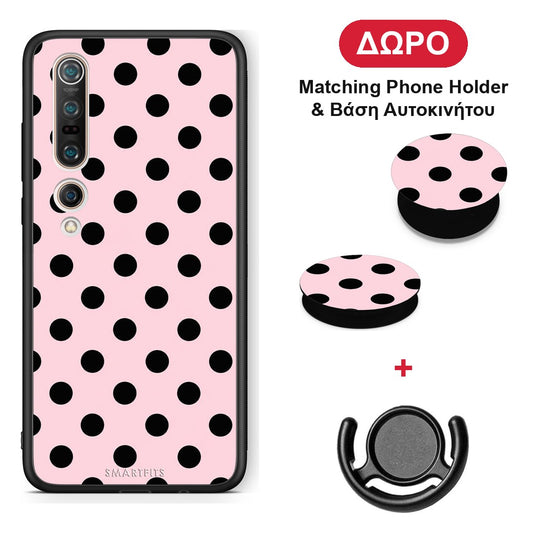 Black Polka Dots on Pink - Xiaomi Mi 10 θήκη + Δώρο Phone Holder & Βάση Αυτοκινήτου