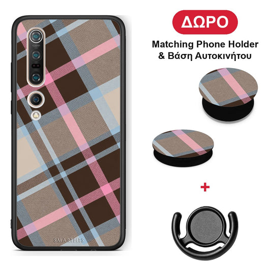 Brown Pink and Blue Diagonal Plaid - Xiaomi Mi 10 θήκη + Δώρο Phone Holder & Βάση Αυτοκινήτου