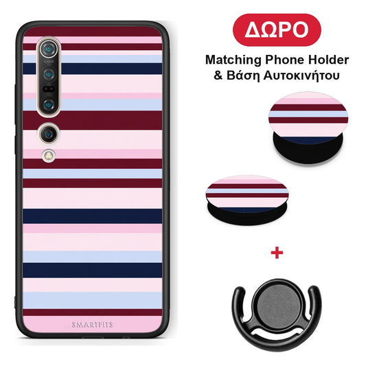 Burgundy Pink and Blue Horizontal Stripes - Xiaomi Mi 10 θήκη + Δώρο Phone Holder & Βάση Αυτοκινήτου