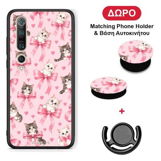Kittens and Pink Bows on Pink - Xiaomi Mi 10 θήκη + Δώρο Phone Holder & Βάση Αυτοκινήτου