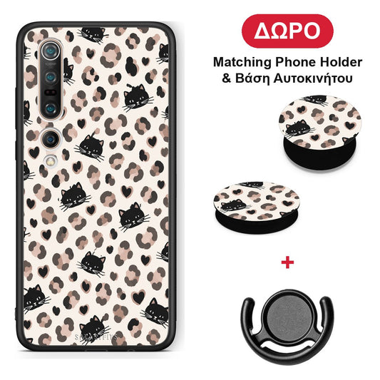 Leopard Spots and Black Cats on Cream - Xiaomi Mi 10 θήκη + Δώρο Phone Holder & Βάση Αυτοκινήτου