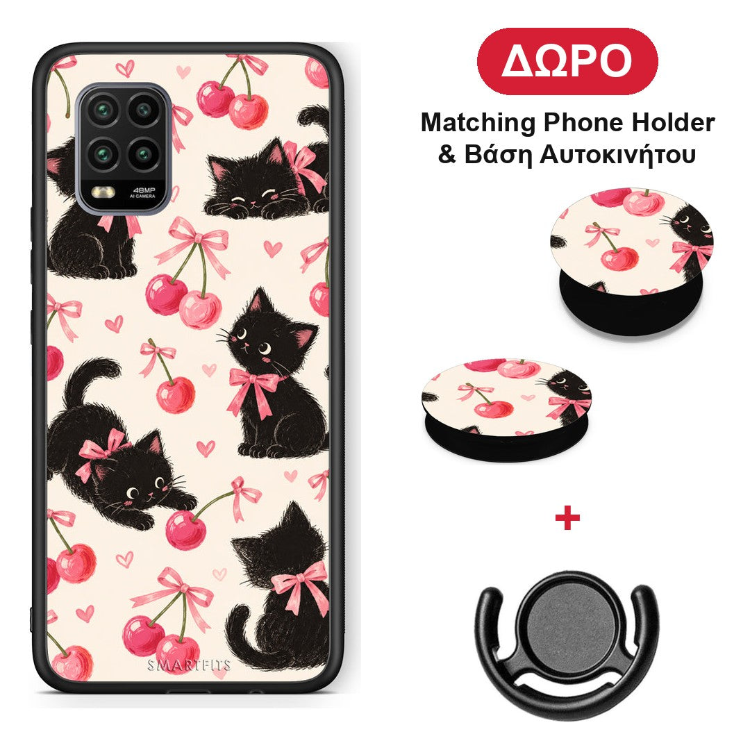 Black Kittens and Cherries on Cream - Xiaomi Mi 10 Lite θήκη + Δώρο Phone Holder & Βάση Αυτοκινήτου