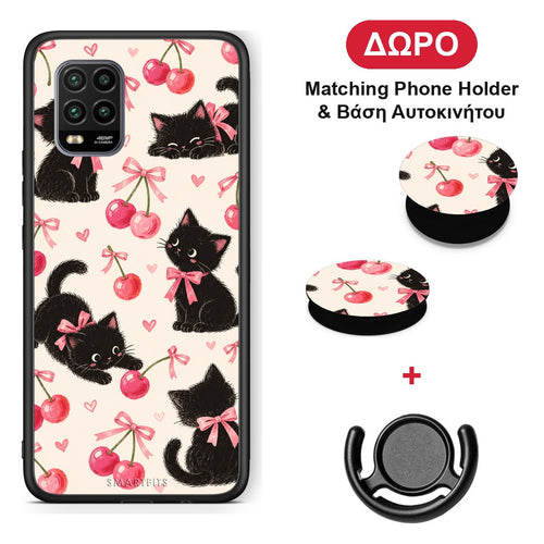 Black Kittens and Cherries on Cream - Xiaomi Mi 10 Lite θήκη + Δώρο Phone Holder & Βάση Αυτοκινήτου
