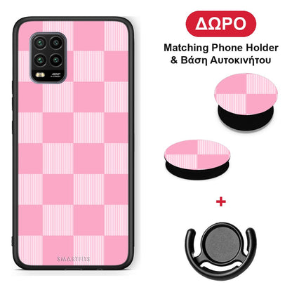 Pink and White Striped Checks - Xiaomi Mi 10 Lite θήκη + Δώρο Phone Holder & Βάση Αυτοκινήτου