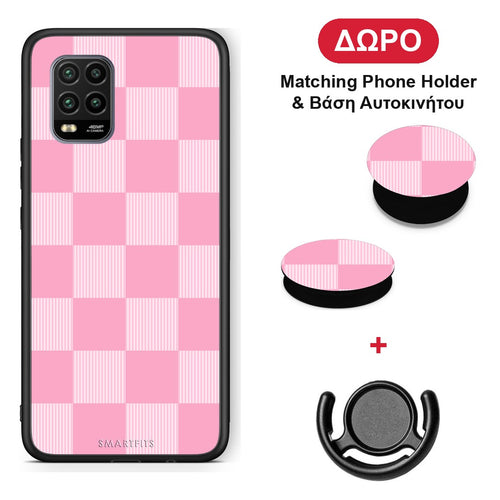Pink and White Striped Checks - Xiaomi Mi 10 Lite θήκη + Δώρο Phone Holder & Βάση Αυτοκινήτου