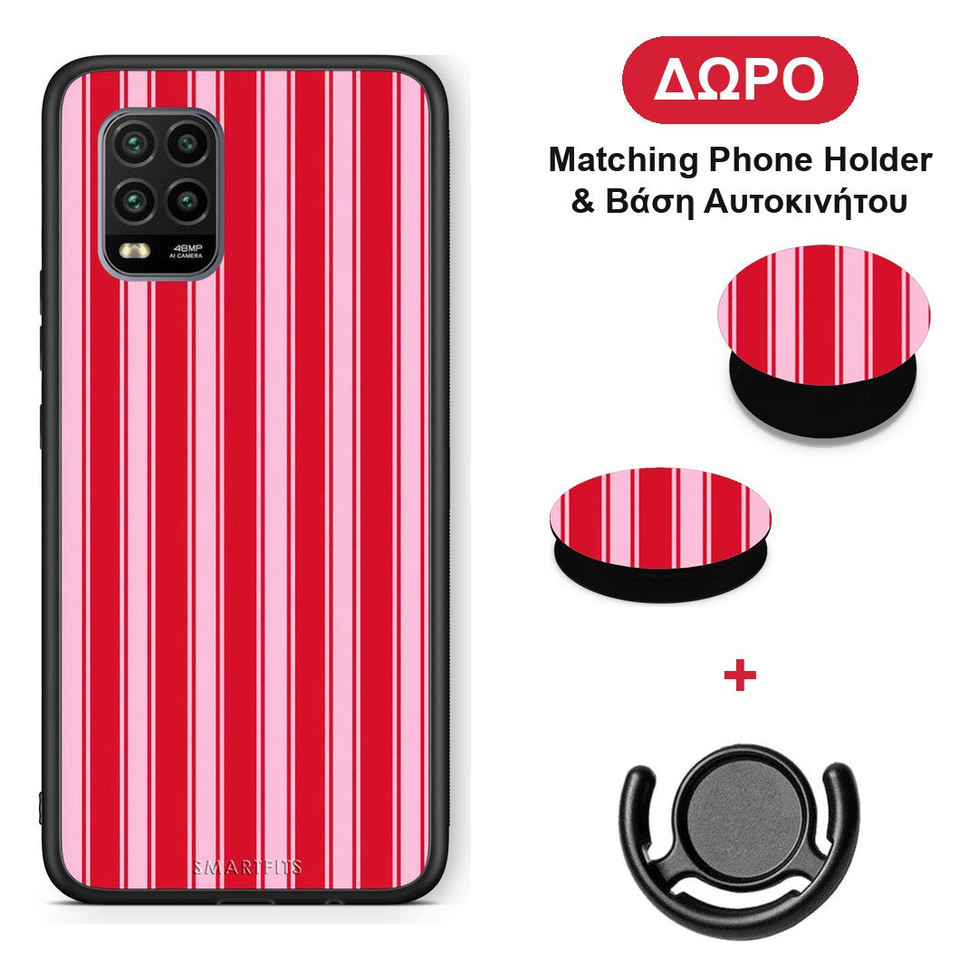 Red and Pink Vertical Pinstripes - Xiaomi Mi 10 Lite θήκη + Δώρο Phone Holder & Βάση Αυτοκινήτου