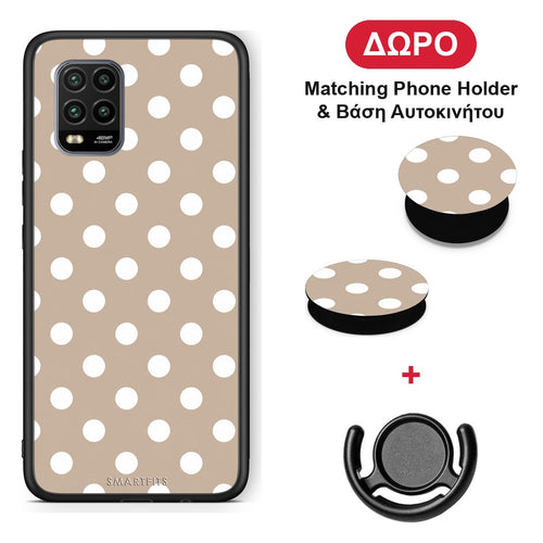 White Polka Dots on Taupe - Xiaomi Mi 10 Lite θήκη + Δώρο Phone Holder & Βάση Αυτοκινήτου
