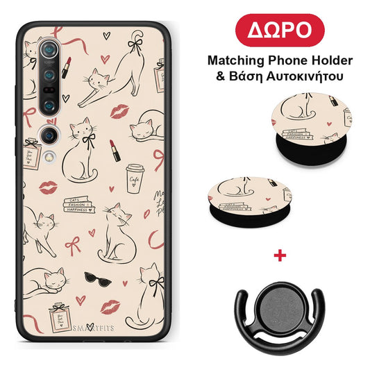 Minimal Cat and Fashion Doodles on Cream - Xiaomi Mi 10 θήκη + Δώρο Phone Holder & Βάση Αυτοκινήτου