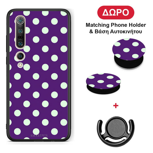 Mint Polka Dots on Purple - Xiaomi Mi 10 θήκη + Δώρο Phone Holder & Βάση Αυτοκινήτου