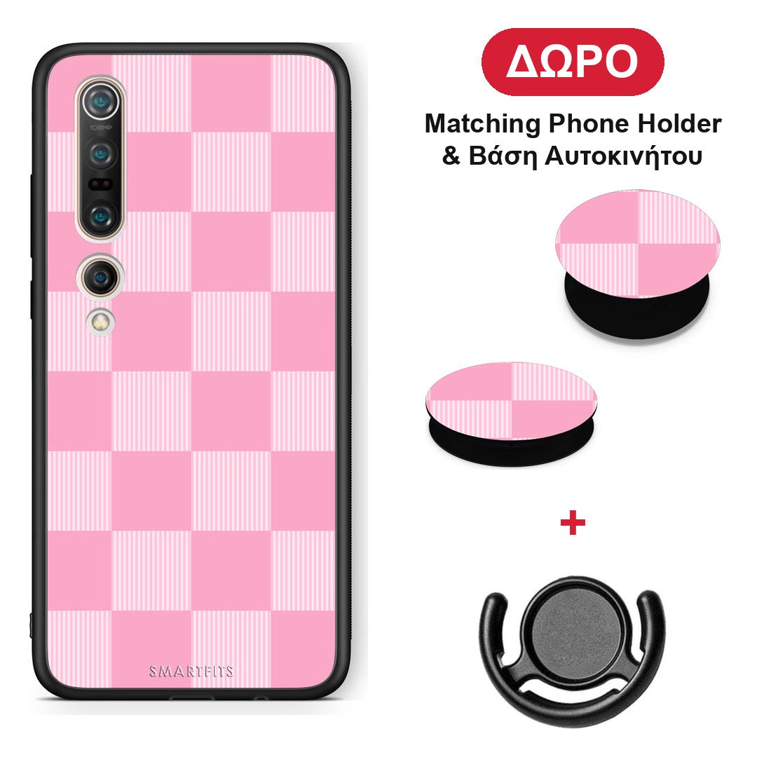 Pink and White Striped Checks - Xiaomi Mi 10 θήκη + Δώρο Phone Holder & Βάση Αυτοκινήτου